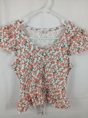 Love Wish Floral Peplum Top Medium Cottagecore Ruched Front Flutter Sleeve